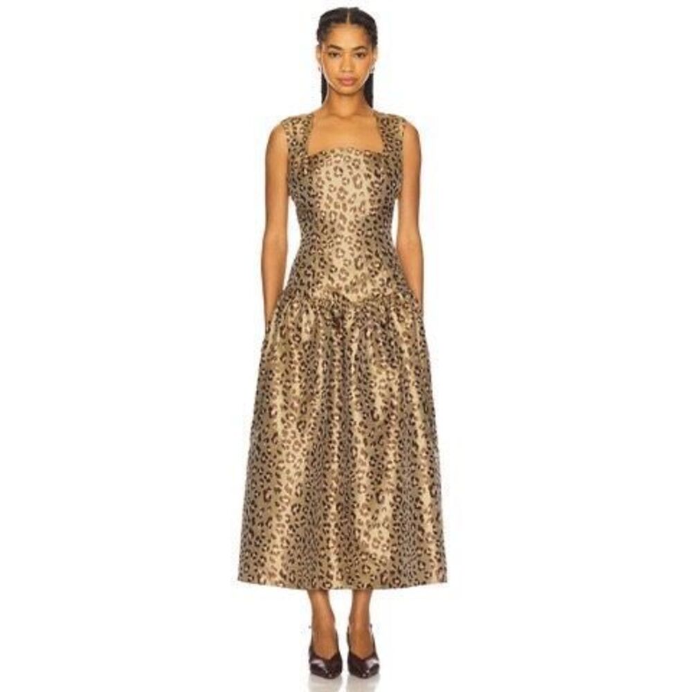 Elliatt Elara Drop Waist Midi Dress in Leopard Print in Green Dress size S NWT - Picture 3 of 8
